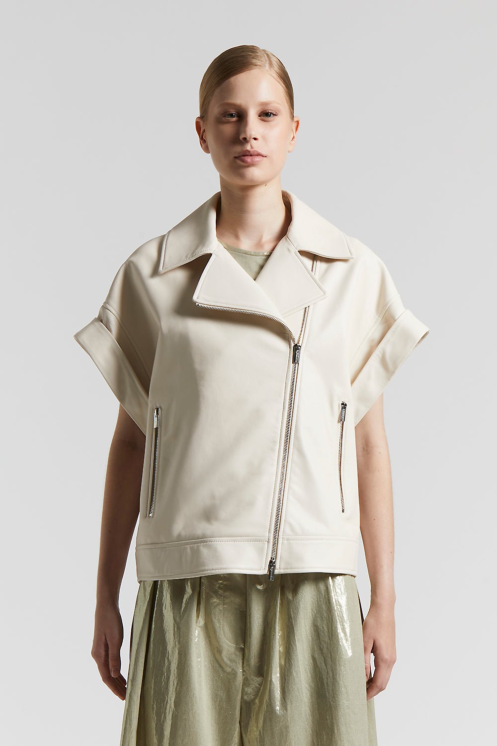 Peserico - Genuine leather sleeveless biker jacket - Quartz sand